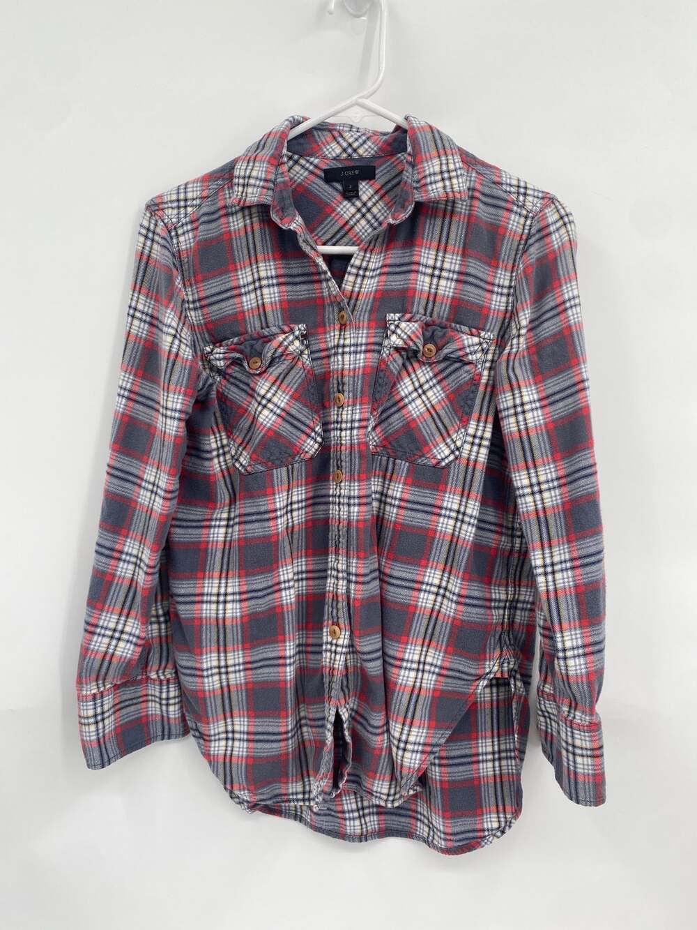 J. Crew Women's Gray Red Plaid Flannel Cotton Button-Up Long Sleeve Shirt Size 2